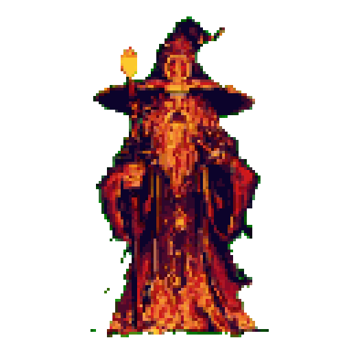 A wizard with a glowing orb staff, cloaked in warm, earthy colors against a bright green background.