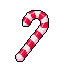 Pixelated candy cane, swirl lollipop, donut with sprinkles, chocolate block, and cherries.