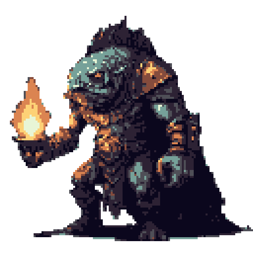 A pixelated, armored humanoid holds a small flame, its gritty texture and grim demeanor hinting at a creature of fantasy and determination. The bright flame contrasts against its muted, earthy tones, drawing the eye.