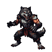 Ferocious wolf-like creature lunging forward with paw extended, baring sharp teeth. It has a muscular physique, dark tattered attire, a red sash, and segmented arm guards. Its fur is dark gray and black.