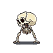 A stylized skeleton with a large skull and dark red eye sockets stands in a wide, low pose against a black background.