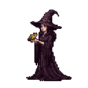 A witch in profile faces left, holding a lime-green frog in her cupped hand. She wears a dark, floor-length gown and a wide-brimmed hat.
