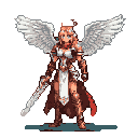 Female warrior with large white feathered wings, holding a sword and shield.