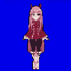 Anime-style female character with long pink hair, red eyes, and maroon horns, standing centered against a royal blue background.
