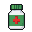 A white pill bottle with a green cap, a red heart with a white cross, a flask with blue liquid, a syringe with blue fluid, and a red and white capsule.