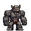 A heavily armored, tusked orc-like creature with horns dances energetically, fists pumping and body swaying.