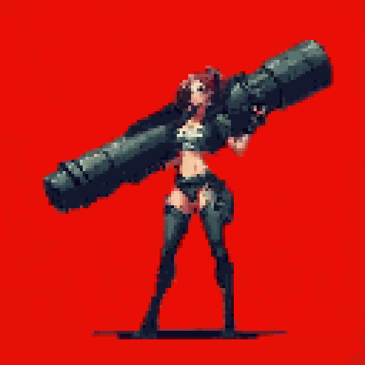 Female character in revealing outfit holding a large, futuristic weapon over her shoulder, against a solid red background.