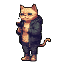 Anthropomorphic cat standing upright, holding a smartphone. The cat wears a dark blue-green hoodie and dark gray pants.