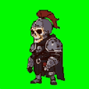 Skeletal warrior in medieval armor with a dark red plume, standing against a bright green background.