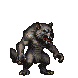 A muscular werewolf with extended claws and a snarling maw, fur in muted grays and browns, poised against a dark background.