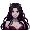 Dark-haired woman with small horns and glowing red eyes, her expression shifting between a coy smile and an intense gaze.