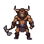 Minotaur with axe raised, preparing to attack, top-down pixel art.