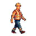 This pixel art shows a construction worker in mid-stride, rendered in warm, muted tones of orange and blue. His forward tilt and turned head suggest a moment of focused movement or acknowledgement.