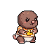 Baby mole character in orange and white striped shirt and diaper, poised to attack.