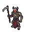 A skeletal demon with a scythe, crimson loincloth, and glowing red eye sockets.