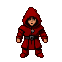 A figure in a red hooded cloak moving right with wide, alert eyes.