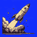 A stylized pixel art rocket blasts off into the electric blue sky, its tilted posture and billowing exhaust conveying a sense of dynamic liftoff. The limited color palette and vintage aesthetic evoke a feeling of classic space exploration and arcade excitement.