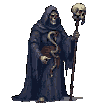 Skeletal figure in dark robes holding a staff topped with a skull, with a coiled serpent on its chest.