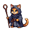 Anthropomorphic orange cat wizard with green eyes, wearing a dark hooded robe, holding a wooden staff.