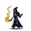 A robed skeletal sentinel, its bony fingers cradling an ethereal flame, stands in somber, watchful stillness, embodying a quiet, ancient menace.