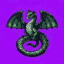 A coiled green dragon with unfurled wings, facing left and looking upwards, against a solid purple background.