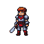 Young warrior with crimson and silver armor and fiery red hair, holding a sword loosely at their side in a relaxed, vigilant stance.