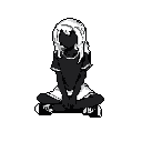 Young female figure seated cross-legged on a dark grey background, hands in lap, wearing a dark shirt with light trim, light skirt, and dark shoes with light accents. White hair is visible, face obscured by shadow.