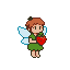 A cheerful pixie with auburn hair and translucent wings jumps while holding a large red strawberry, as if to throw it.