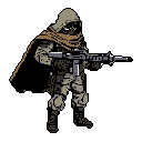 A cloaked and armed figure stands ready with rifle in hand, face obscured in shadow, exuding an air of mystery and preparedness. The pixel art portrait captures a solitary character, hinting at a world of hardship and conflict.
