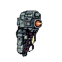 A gray and dark red robotic figure with a central bright orange eye emitting a light beam.