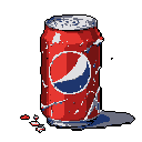 This pixel art depicts a battered and crumpled soda can, its red body and familiar logo hinting at a discarded piece of urban life. The damaged can, set against a stark background, evokes a sense of decay and forgotten moments.