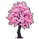 This pixel art showcases a beautiful cherry blossom tree in full bloom, its vibrant pink flowers contrasting against a dark trunk. The simple yet detailed style evokes a sense of springtime serenity.