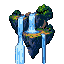 A rocky island with lush green vegetation and cascading waterfalls, floating against a black background.