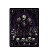 Pixel art tarot cards depicting a skeletal warrior, a shadowy hooded figure, a grotesque multi-limbed creature, and a silhouetted spectral figure, all within ornate gothic borders, in a dark fantasy style with a palette of deep purples, blacks, greys, and