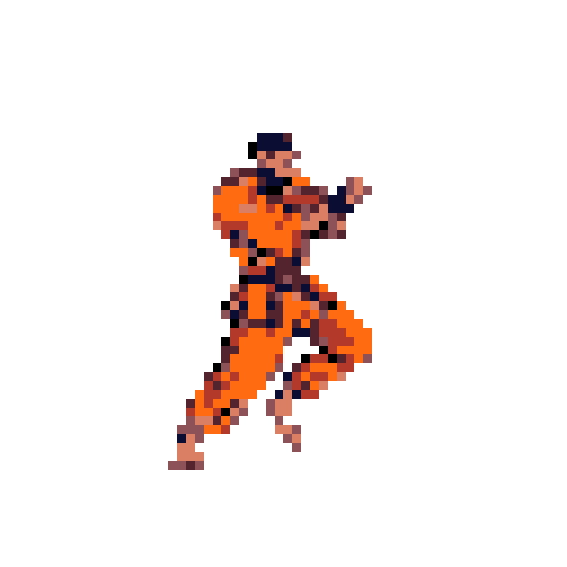This pixel art showcases a dynamic martial artist in an orange gi, captured mid-kick with focused intensity. The figure's energetic pose and clenched fists convey a sense of movement and combat.