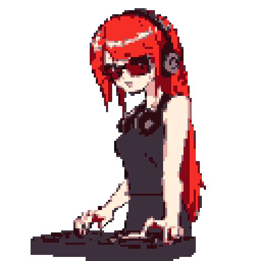 This pixel art shows a stylish, red-haired DJ with sunglasses and headphones, poised to drop the beat on her turntable. Her energetic posture and warm color palette create a cool, nightclub vibe.