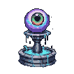 A levitating, mystical eye orb of purple and blue pulses with inner light above a weathered stone fountain where luminous cyan water trickles.