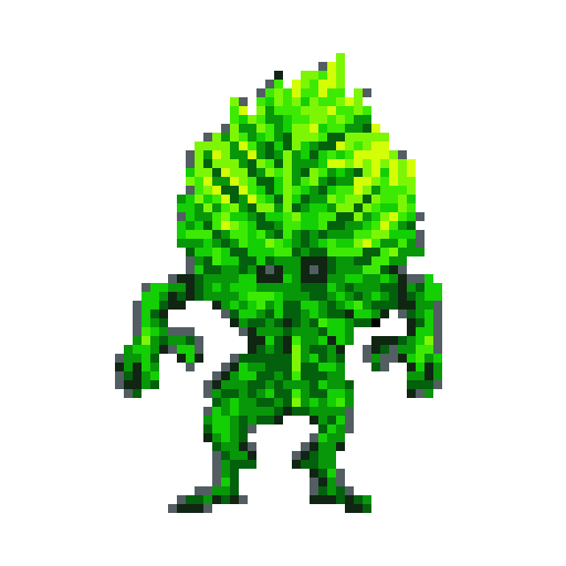 A whimsical pixel art image features a leafy humanoid creature with a stylized leaf-shaped head and stick-like limbs. The vibrant green foliage stands out against a neutral gray backdrop, evoking a fantastical mood.