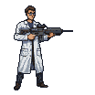Scientist in a white lab coat holding a futuristic rifle, walking to the right.