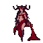 A demoness with pale skin and dark reddish-brown hair stands angled left, head facing forward. Her left arm is raised, right arm hangs loose. She wears a minimal red outfit with flowing fabric around her legs and a horned headpiece with tendrils. The background is a solid dark plum color.