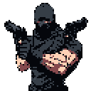 A pixelated figure in full tactical gear, dual-wielding pistols, is poised for action, their intense red eyes piercing through the balaclava. The minimalist design and limited color palette create a tense and retro gaming-inspired aesthetic.