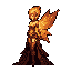 Ethereal female figure with large, stylized wings, rendered in warm autumnal hues of orange, yellow, and brown, standing against a dark reddish-brown background.