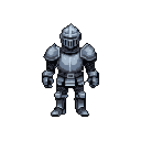 A fully armored knight standing upright, facing forward, with a closed helmet and clenched fists.