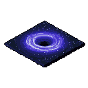 Isometric view of a black hole with a dark void surrounded by swirling, luminous purple and white rings, set against a star-filled blue-purple rhombus on a muted blue-gray background.