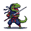A green Tyrannosaurus Rex in ninja attire, holding a katana, with its mouth open and streamers flowing from its bandana.