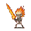 Skeletal warrior wreathed in flames, holding a crackling fiery sword, with burning eye sockets.
