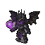 Three pixelated fantasy monsters: a winged demon with a purple orb, a hooded figure with red eyes and a skull staff, and a red demon with a fiery sword.