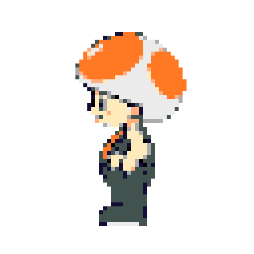 Toad from Super Mario, shown in side profile mid-stride, with a neutral expression and a small smile. He has a peach-colored head and body, an orange and white mushroom cap, and a darker orange vest. His left leg is extended forward. The background is a solid dark grayish-green.