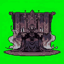 A dark and regal monarch sits solemnly upon an ornate throne, their presence radiating ancient power and mystery. The figure's dark gown and elaborate crown, combined with the throne's intricate design, evoke a sense of gothic elegance and fantastical authority against a vibrant green backdrop.