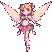 A delicate pixie with blonde hair and large, feathered wings hovers and flaps in a frilly pink dress.